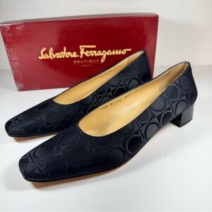 Salvatore Ferragamo Vintage Logo Jacquard Wedge Pumps Black Square Toe 9.5